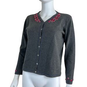 Vintage Cousin Johnny Size M Gray Cotton Floral Embroidered Sweater Cardigan